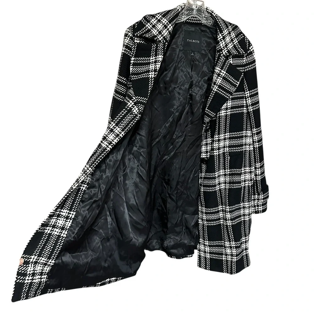 TALBOTS Womens Black White Plaid Wool Blend Pea‎ Coat Sz 12 Jacket